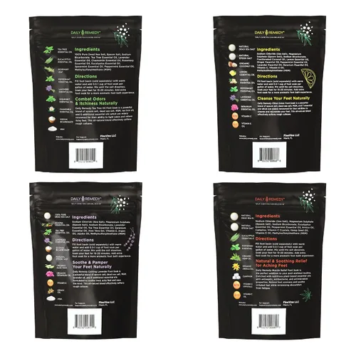 Vista 2 de DAILY REMEDY Sales de remojo para pies, paquete variado de 4 unidades, aceite de árbol de té, alivio muscular, lavanda calmante y remojo