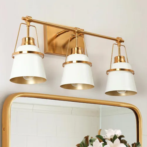 Vista 12 de Lámparas de baño de oro negro, modernas luces de tocador de granja sobre el espejo, 3 luces de cobre dorado con pantalla de metal y artesanía Negro