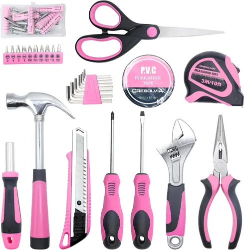 Vista 2 de Kit de herramientas rosa de 69 piezas para mujeres, pequeño kit de herramientas manuales básicas para el hogar, kit de herramientas perfectas
