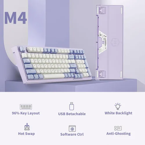 Vista 2 de Hexgears Teclado mecánico M4, 96% 99 teclas, teclado con cable intercambiable en caliente, teclado para juegos con cable macro compacto, teclados