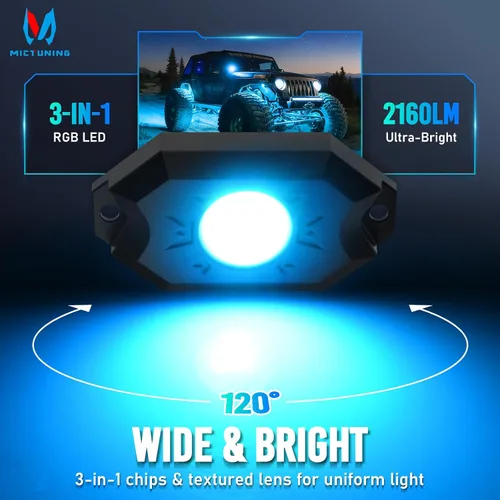 Vista 2 de MICTUNING Kit de luces LED RGB 2025 mejorado, 8 cápsulas de luz neón multicolor con control remoto RF a prueba de agua 12V para autos, camiones