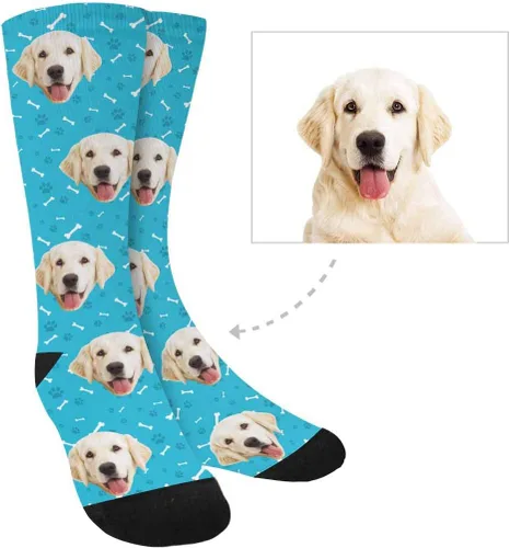 Vista 2 de Calcetines personalizados con foto de la mascota, huellas de pisadas de gato y perro, patas, huesos, calcetines largos con imagen para hombres