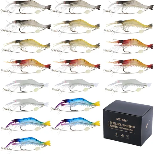 Vista 10 de Goture Soft Shrimp Lures Fishing Saltwater Luminous Shrimp Bait Set Fishing Lures with Sharp Hooks for Freshwater Saltwater Trout Bass Salmon