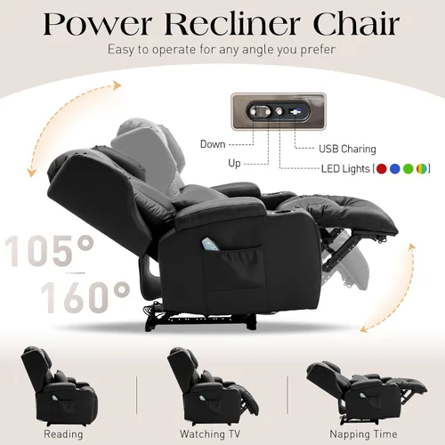 Vista 4 de Sillas reclinables eléctricas para adultos con masaje y calor, silla reclinable individual de piel sintética, sofá reclinable reclinable para cine