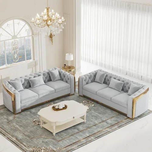 Vista 14 de DAMAIFROM Sofá Chesterfield moderno de mediados de siglo, sofá de terciopelo de 62" blanco y dorado, sofá biplaza curvo de lujo para sala de estar