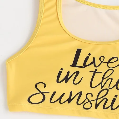 Vista 7 de Trajes de baño con volantes para bebés, bikini hueco, traje de baño de verano para niños, conjunto de girasol y letras para niños (amarillo, 11 años)