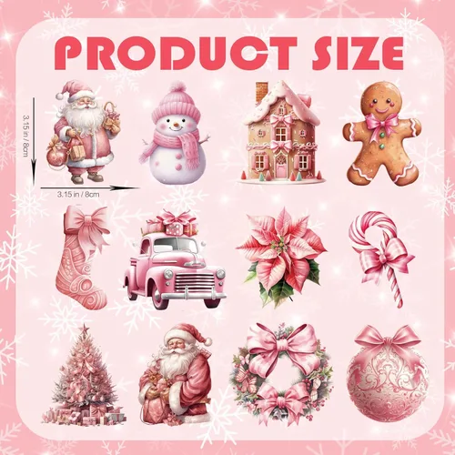 Vista 2 de 24 piezas de adornos vintage rosados de Navidad en madera para árbol colgante, adornos de árbol de Navidad en madera con muñeco de nieve rosado