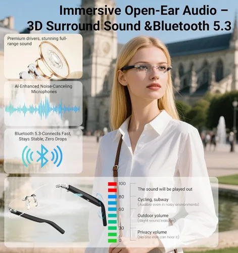 Vista 5 de Gafas inteligentes Bluetooth con IA para hombres y mujeres con Chat GPT, gafas de traducción con 115 idiomas y lentes sin marco que bloquean la luz