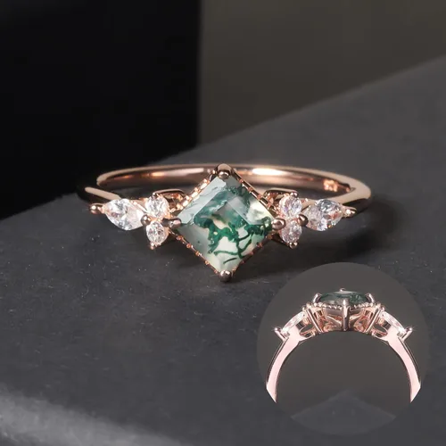 Vista 2 de Gem's Beauty Anillos de compromiso de ágata musgo verde de 14 quilates, oro rosa de 14 quilates, plata de ley 925, anillo de compromiso de tres