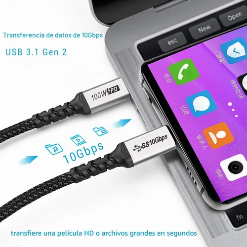 Vista 3 de Cable corto USB C a USB C (paquetes de 2 paquetes de 1.5 pies), 3.1 Gen 2 10Gbps 100W 4K USBC Video Cable de carga rápida de transferencia de datos
