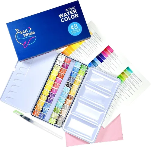 Vista 10 de Juego de pintura de acuarela de 24 colores en medias sartenes, caja de estaño y pincel de agua, pigmentos de grado profesional