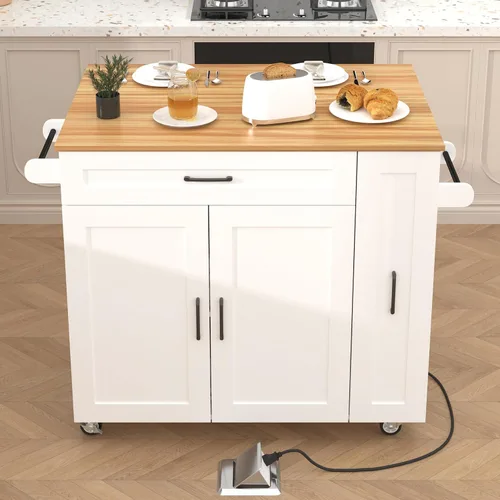 Vista 8 de Isla de cocina sobre ruedas, carrito de isla de cocina rodante con encimera de hojas caídas, carrito de islas modernas con tomas de corriente