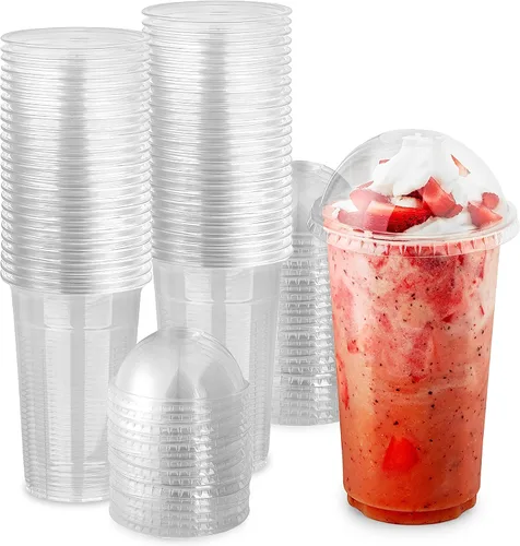Vista 11 de Mini tazas de plástico transparente para postre con tapas de 5 onzas (juego de 50) taza de parfait desechable pequeña, tapa de cúpula, sin agujero