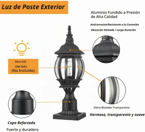 Vista 4 de HOLKIRT Luz de poste para exteriores negra mate vintage, montaje en muelle