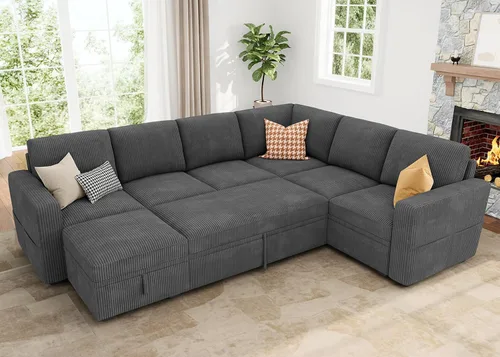 Vista 16 de HONBAY Sofá cama modular modular con cama extraíble, sofá en forma de L con almacenamiento, sofás modulares seccionales para sala de estar