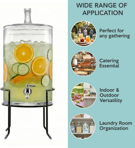 Vista 6 de Style Setter Dispensador de bebidas con soporte, dispensador grande de bebidas de vidrio para encimera de 2.5 galones con espita y tapa, dispensador