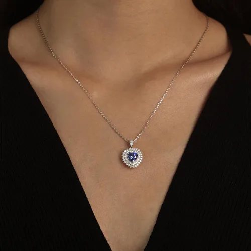 Vista 5 de Collar Heart of the Ocean Colgante de zafiro azul y moissanita cultivado en laboratorio, plata de ley 925 chapada en oro blanco de 18 quilates