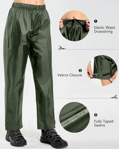 Vista 4 de Hebepol Pantalones de lluvia para mujer, ligeros, impermeables, a prueba de viento, para senderismo, pesca, al aire libre, con bolsa