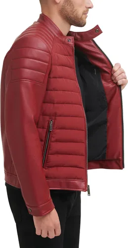 Vista 3 de DKNY Chaqueta acolchada de cuero sintético para hombre de motocros Racer