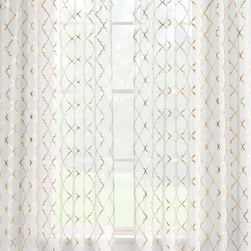Vista 4 de Kotile - Cortinas doradas y blancas transparentes de 45 pulgadas de largo, juego de 2 paneles, con estampado marroquí metálico de ogee, cortinas