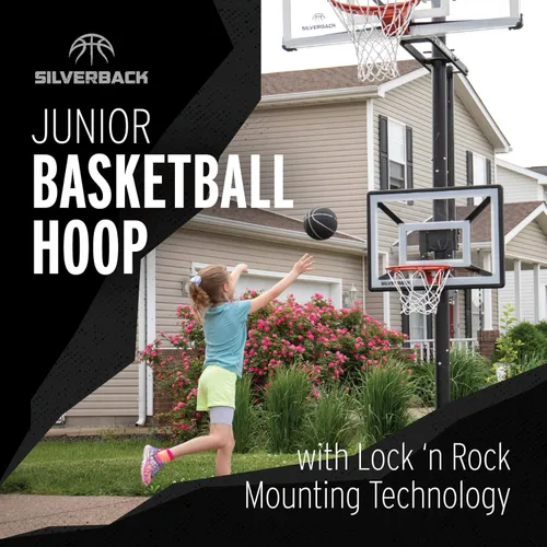 Vista 2 de Aro de baloncesto juvenil Silverback Junior de 33" con tecnología de montaje Lock 'n Rock. Se monta en postes redondos y verticales, color negro