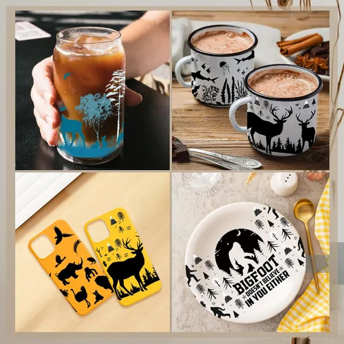 Vista 5 de Adhesivo UV DTF para taza, 8 hojas de transferencia DTF UV de animales para vidrio de 16 onzas, estilo bosque negro, lobo, ciervo, jirafa, elefante