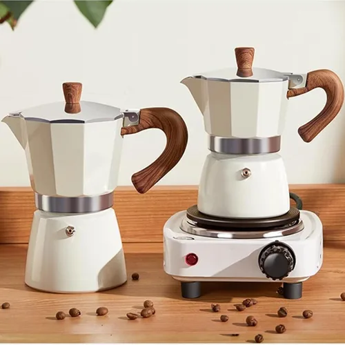 Vista 5 de Moka - Cafetera para estufa de café expreso con mango de madera y válvula de seguridad individual, cafetera para estufas de gas, eléctricas