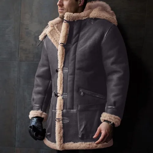 Vista 4 de Abrigos de invierno para hombre, abrigo de piel de oveja de piel de oveja de piel de oveja con capucha gruesa y cálida para hombre