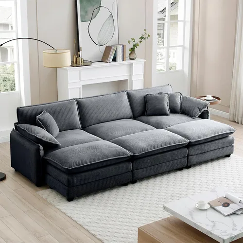 Vista 10 de Sofá de nube de gran tamaño con 3 otomanas, asiento profundo de 25.52 pulgadas de pana cómodo sofá cama de 3 plazas, moderno sofá modular modular