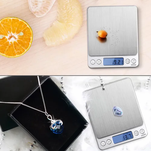 Vista 6 de Báscula digital de cocina, 17.64 oz/0.00 oz, báscula de joyería de bolsillo con pantalla LCD retroiluminada, 2 bandejas, 6 unidades, función de tara