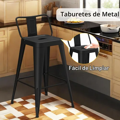 Vista 5 de Juego de 4 taburetes de bar de metal de 24 pulgadas, taburetes de altura de mostrador con respaldo extraíble, taburetes de bar negros para isla