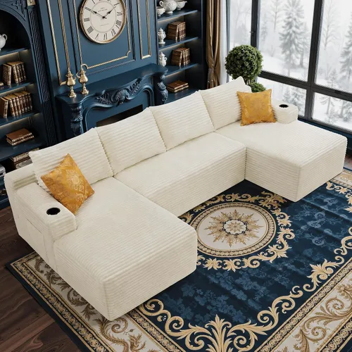 Vista 25 de Sofá seccional negro de 96.9 pulgadas, sofá modular de pana sin hueso con resortes y espuma de alta resistencia, asiento profundo compacto de gran