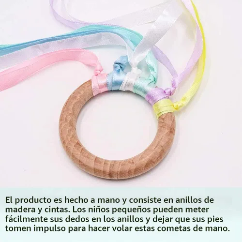 Vista 5 de TANOFAR Juguete Montessori Cometa de mano Juguete sensorial de cinta Juguetes de madera para niños pequeños Cometa de mano arcoíris