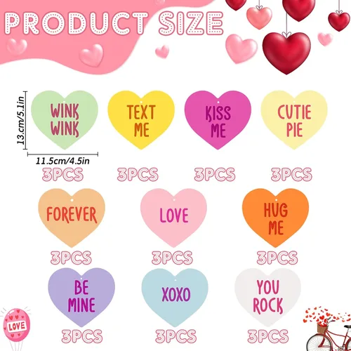 Vista 2 de Roowest 30 piezas de adornos colgantes de corazón de San Valentín para exteriores, corazón de caramelo de doble cara, conversación romántica, dulces