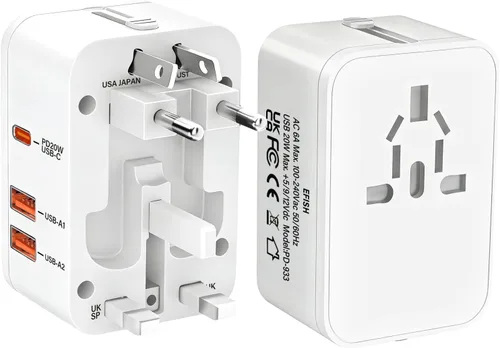 Vista 9 de Adaptador de enchufe de viaje con 2 USB A+1 USB C, adaptador de viaje universal todo en uno, convertidores de corriente, cargador de pared