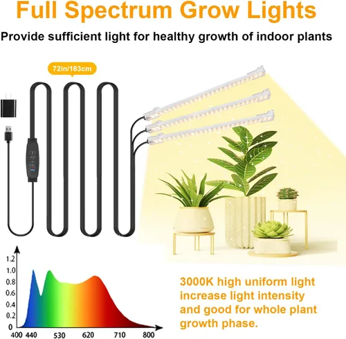 Vista 2 de Tiras de luz LED para cultivo, luces de cultivo para plantas de interior espectro completo 3000K, barra de luz para plantas con temporizador