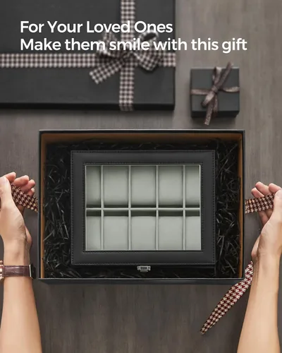 Vista 7 de SONGMICS Caja de reloj, caja de reloj de 10 ranuras con tapa de vidrio grande, almohadas extraíbles para reloj, organizador de caja de reloj, regalo