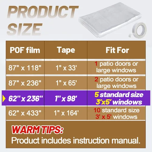 Vista 2 de Kit de aislamiento de ventana de 62×236 pulgadas para invierno - Endurecer plástico para 5 ventanas interiores para invierno, película retráctil