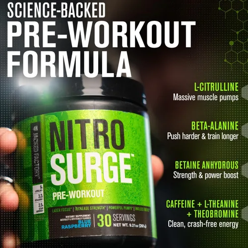 Vista 3 de Jacked Factory NITROSURGE Suplemento Pre Entrenamiento - Energía Sin Límites, Ganancias Instantáneas de Fuerza, Enfoque Claro, Bombeos Intensos