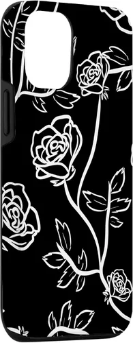 Vista 3 de iPhone 14 Rose Bush Pétalos de rosa Hojas de espina Funda blanca y negra