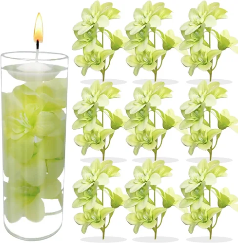 Vista 9 de 10 velas flotantes de flores artificiales de orquídea, centro de mesa, centros de mesa de boda, relleno de jarrón para bodas, fiestas de cumpleaños