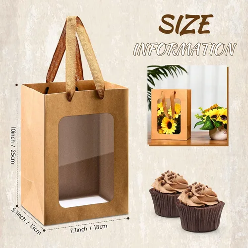 Vista 2 de Yexiya 15 bolsas de regalo de papel con ventana transparente, 7 x 5 x 10 pulgadas, bolsas de compras de papel kraft para bodas, cumpleaños