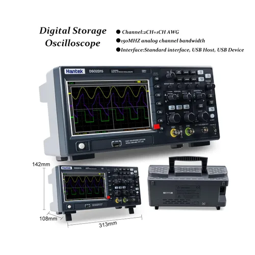 Vista 3 de Hantek Osciloscopio de almacenamiento digital DSO2D15 150MHz 1GSa/s 8M, 2 canales, 2CH+1CH con fuente de señal