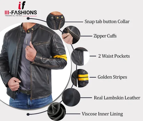 Vista 6 de Lambskin Leather Jacket for Men - Vintage Distressed Brown Biker Coat