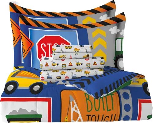 Vista 240 de Dream Factory Dinosaur Blocks - Juego de edredón de microfibra ultrasuave para niños, color azul, tamaño individual Bloques de dinosaurios azules