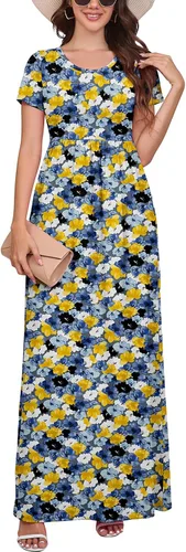 Vista 37 de DEARCASE - Vestido Maxi para Mujer de Manga Corta, Casual de Verano, Holgado, Liso, Cómodo, Vestidos Largos con Bolsillos 1-negro