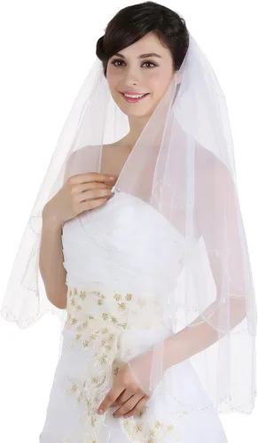 Vista 2 de SAMKY 2T 2 Tier Scallop Edge Dangle Crystals Bridal Wedding Veil