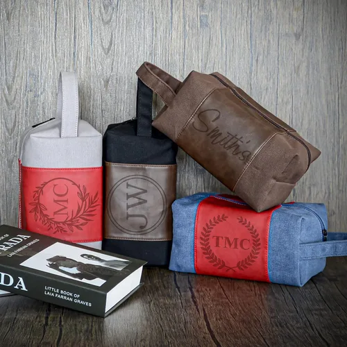 Vista 5 de Neceser personalizado para hombres, kit de afeitado de cuero de lona para padrinos de boda, nombre grabado/inicial, bolsa de viaje hecha a mano