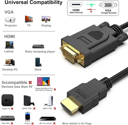 Vista 3 de BENFEI - Cable HDMI a VGA de 3 pies, cable unidireccional HDMI (fuente) a VGA (pantalla) (macho a macho) compatible con computadora, computadora