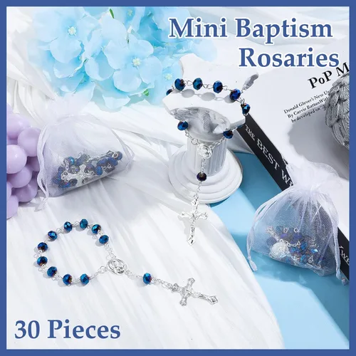 Vista 4 de Yinkin 30 piezas de rosario de bautizo, mini rosarios católicos, recuerdos de bautizo para invitados, recuerdos de fiesta, cuentas de rosario 30